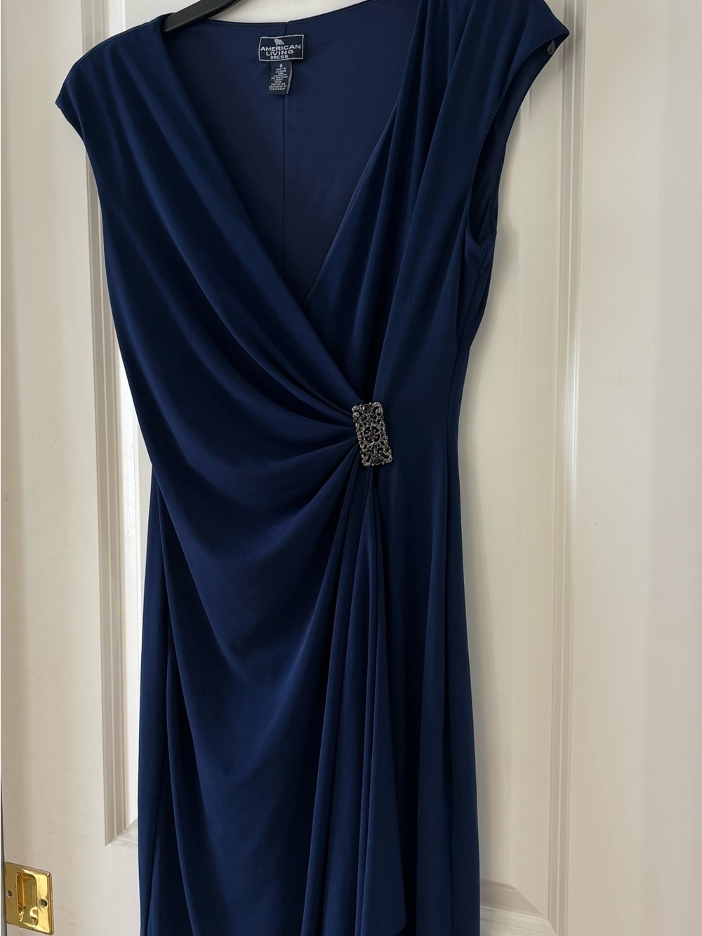 American Living Elegant Navy Draped Evening Dress with Decorative Accent Size 6 - Picture 3 of 7